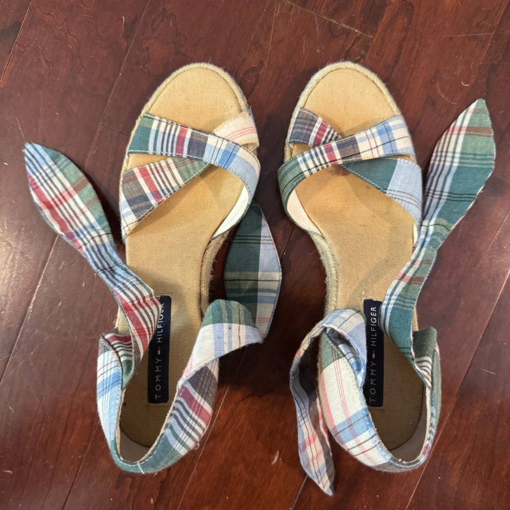 Tommy Hilfiger Plaid Espadrille Wedge Sandals Fabric Ankle Tie 3.5" Heel Women 7